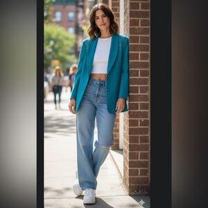 Vintage City Girl By Nancy Bolen Teal Geometric Embroidery And Studded Blazer